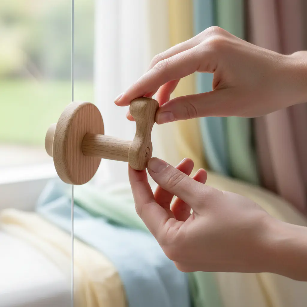Hands playing with a wooden latch