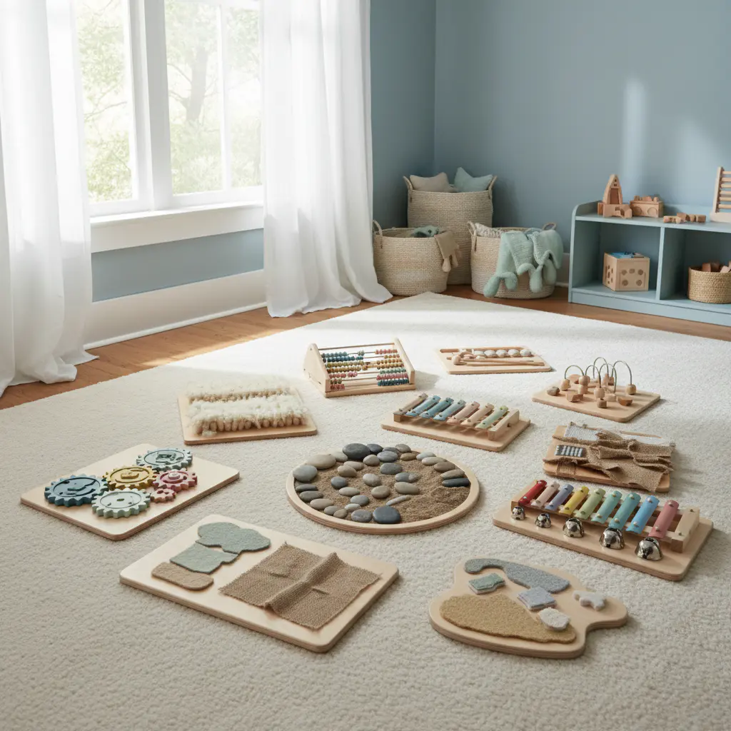 Collection of wooden sensory boards beautifully arranged