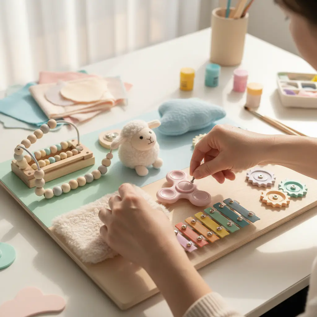 Hands assembling a sensory board