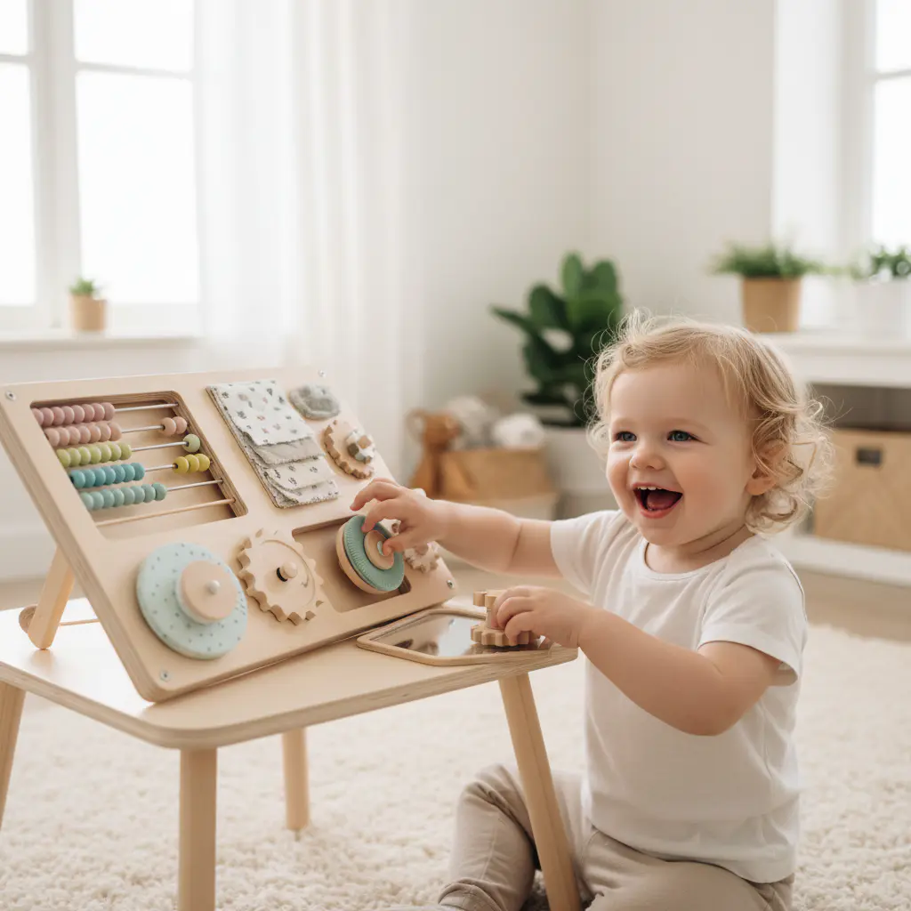 Child happily playing with a light wooden sensory board