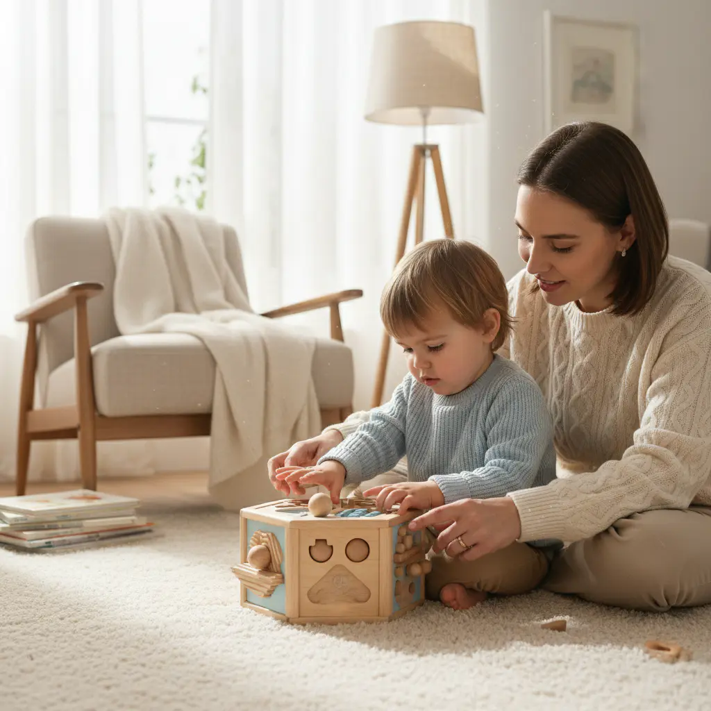 Parent and child exploring a tactile wooden toy together