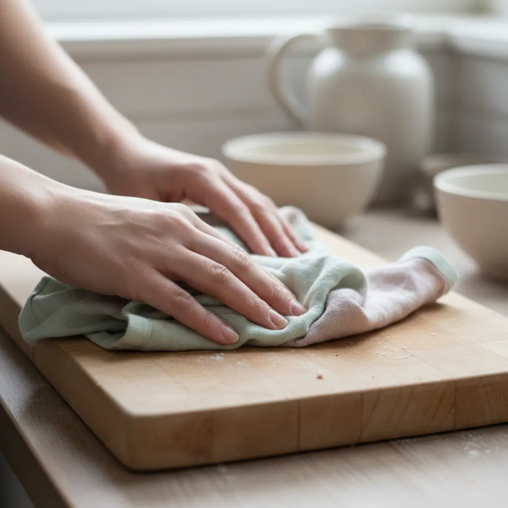 Wiping a wooden board gently