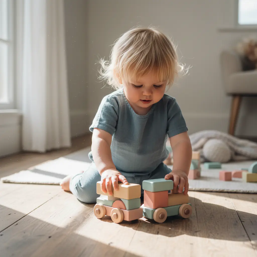 Child interacting with a wooden toy