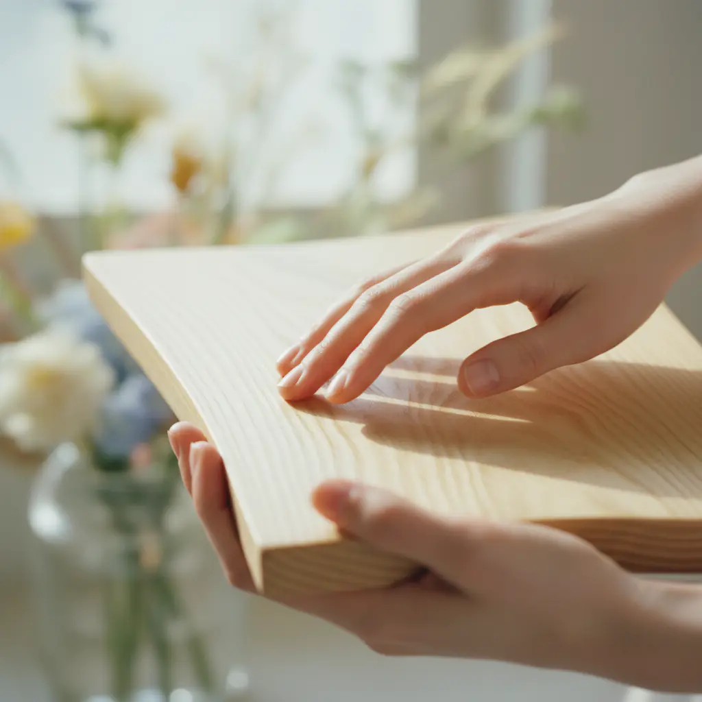 Soft hands touching smooth wood
