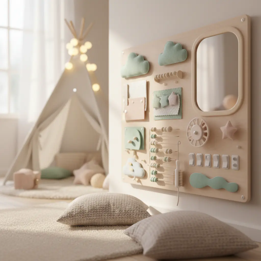 Sensory board in a cozy play corner
