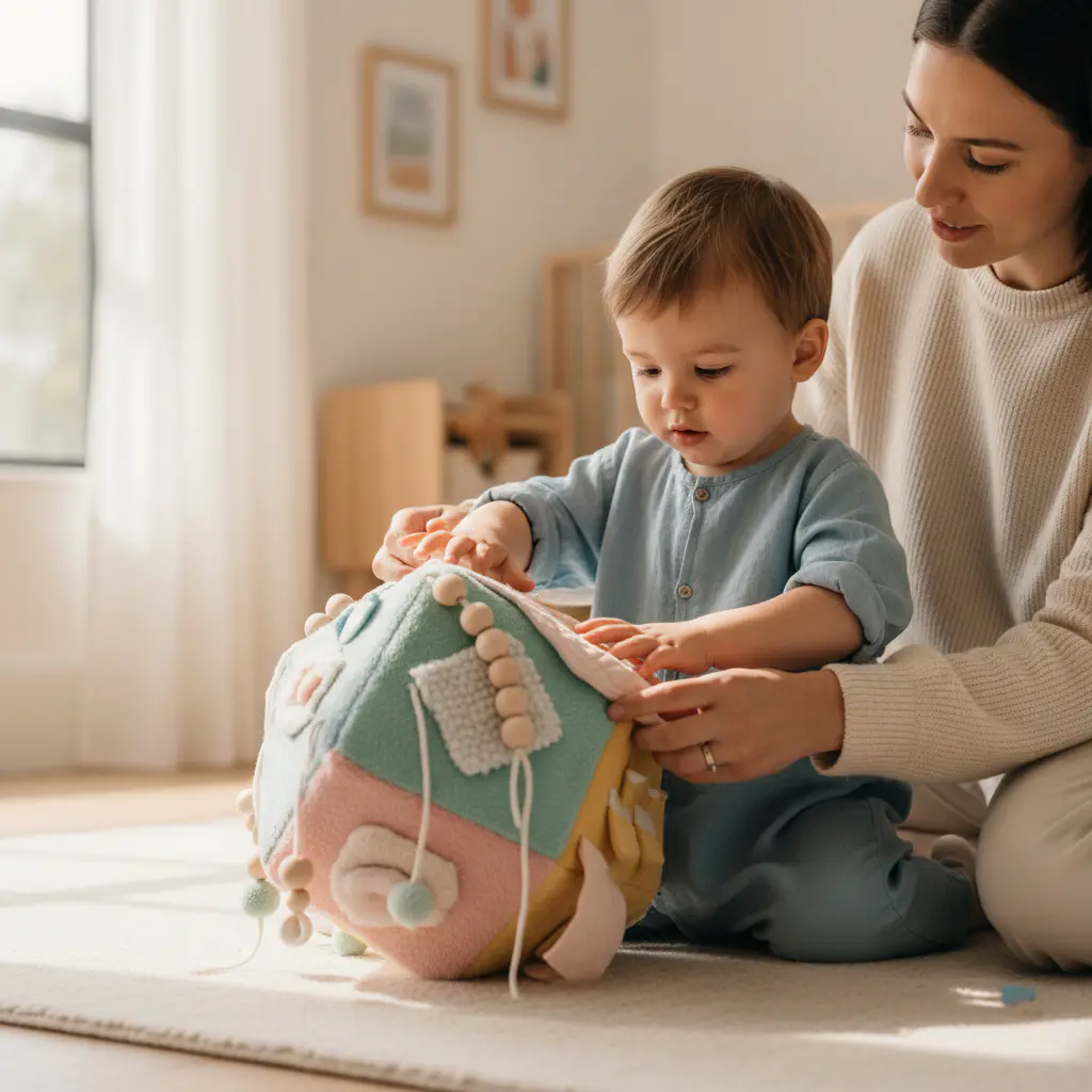Parent and child exploring a tactile toy