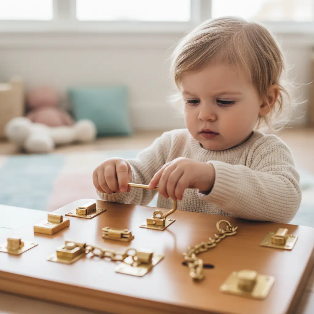 Child focusing on a wooden latch board